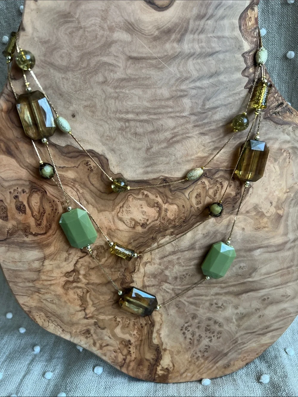 Elegant Multi-Strand Acrylic Green and Amber Bead Necklace costume jewelry